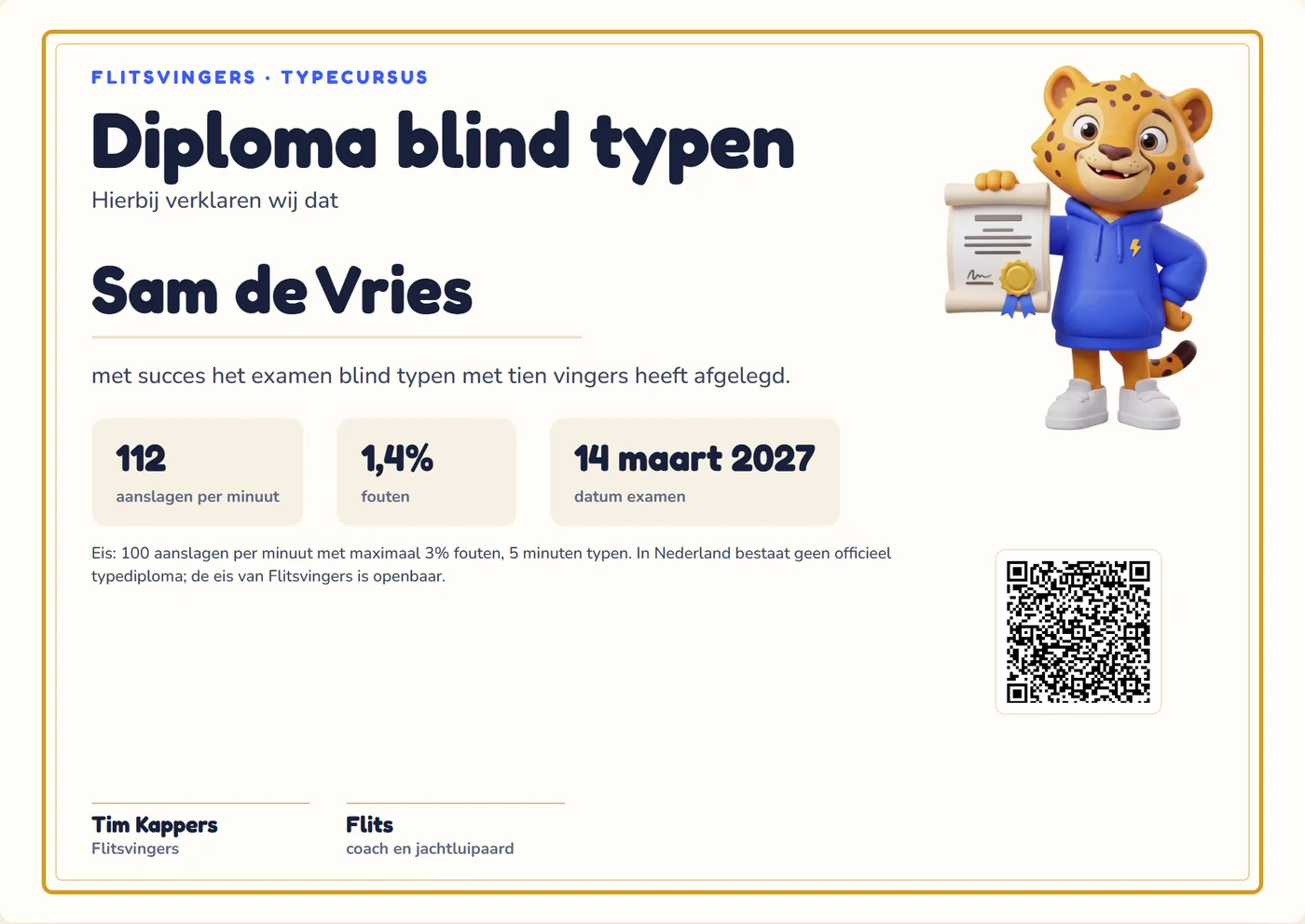 Voorbeeld van een Flitsvingers-diploma met naam, snelheid, foutpercentage en QR-code